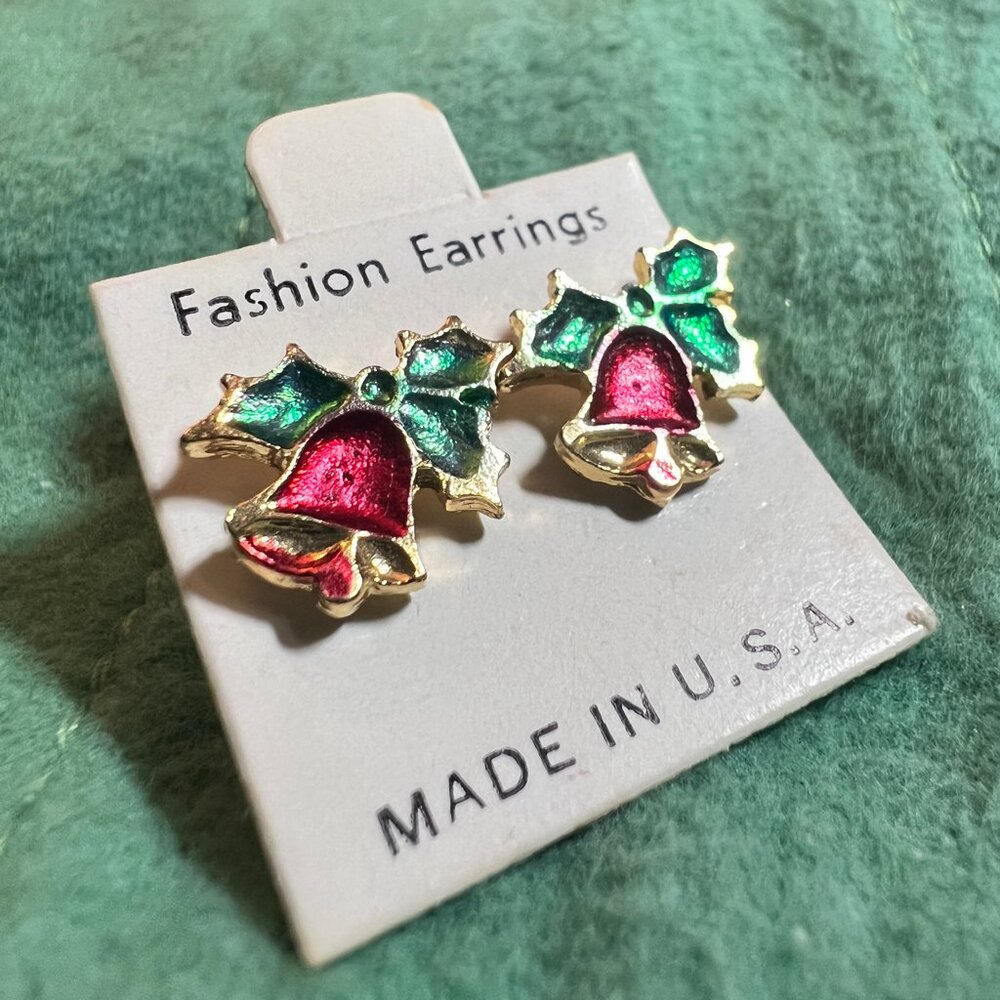 VTG Gold-Filled Brass Enamel Holiday Christmas Holly Bell Earrings